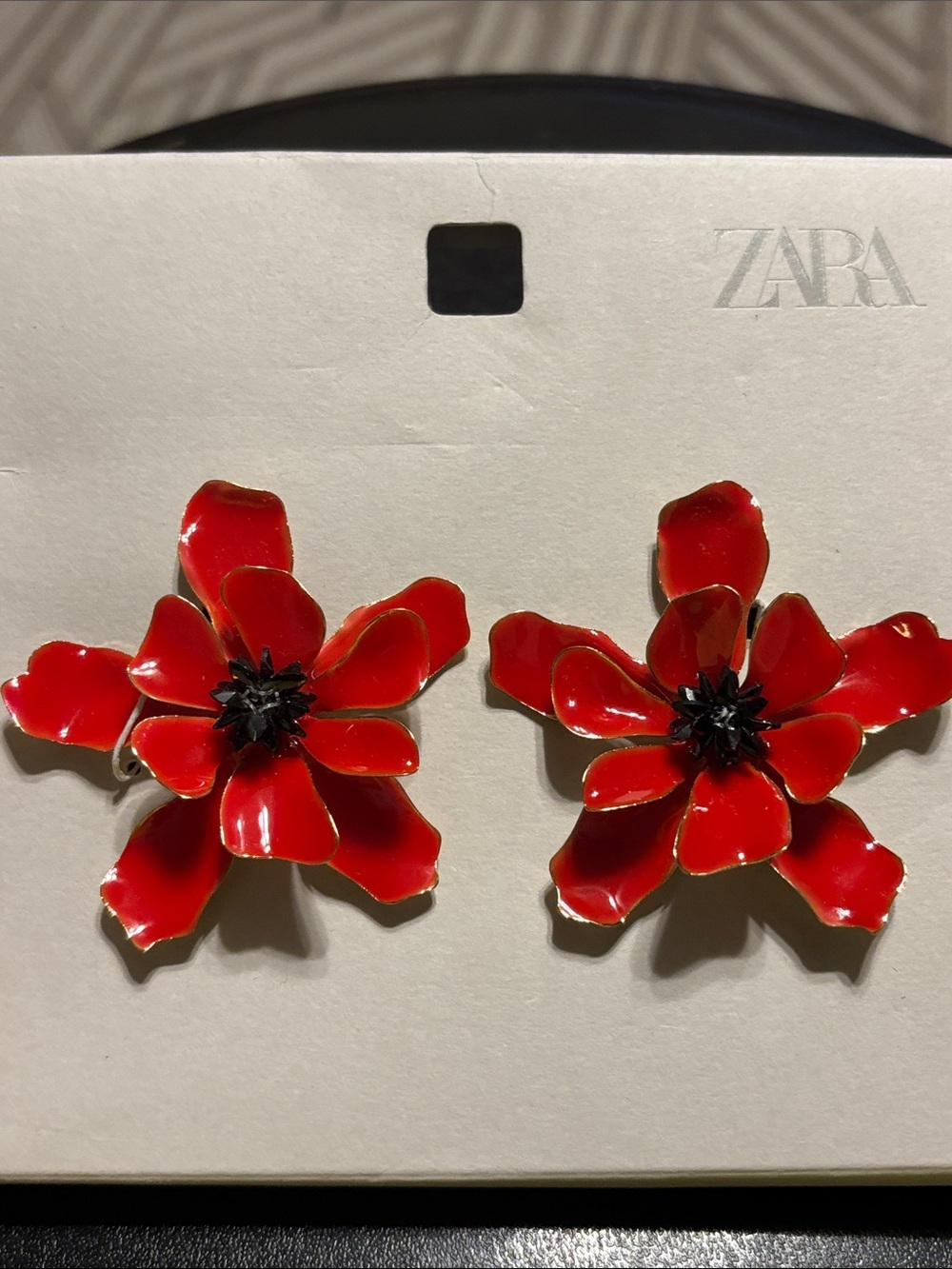 ZARA Red Enamel Floral Orchid Earrings Statement Tropical Beach Island Vibe